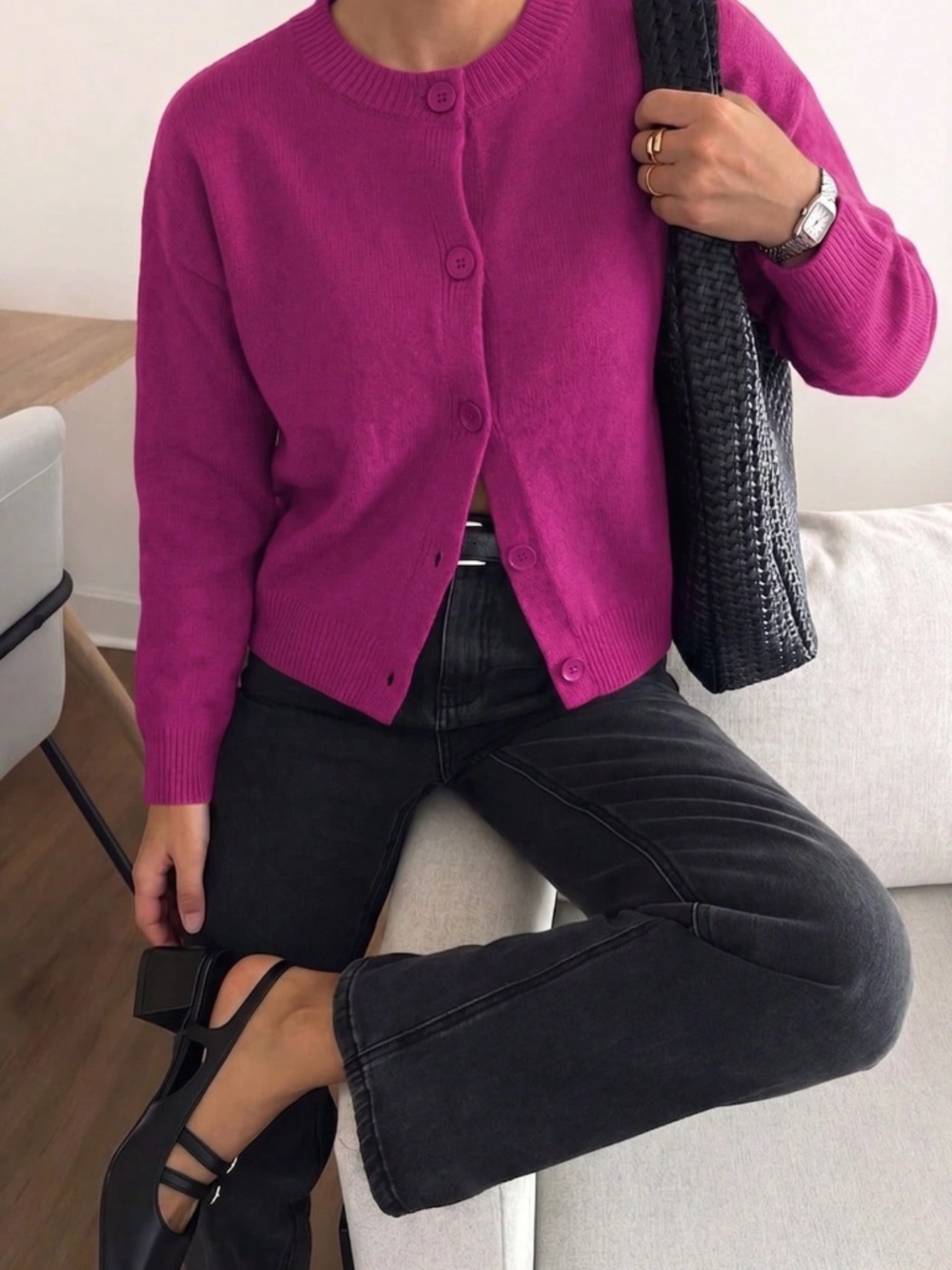 Hot Pink Knit Button Through Cardigan Round Neck Long Sleeve